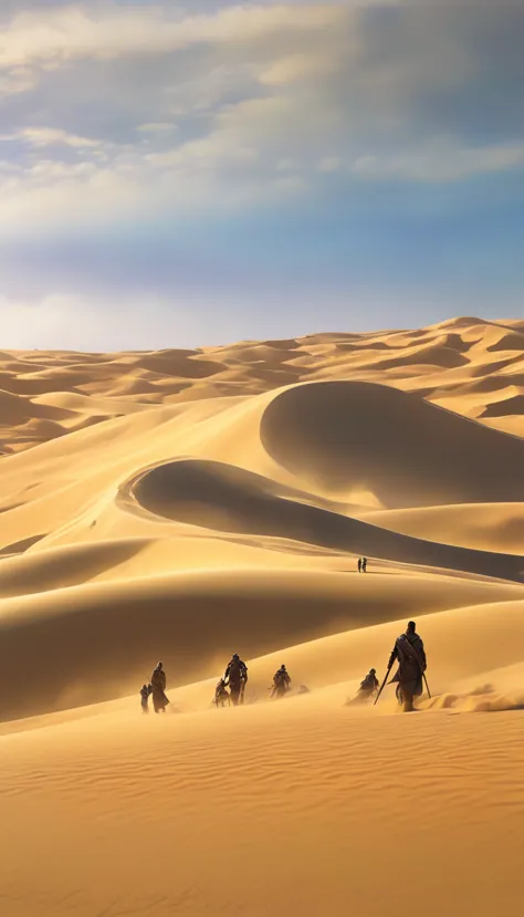 a giant sand worm chasing a group of people fleeing in the desert, extremely detailed, highly detailed, hyper realistic, 8k, pho...