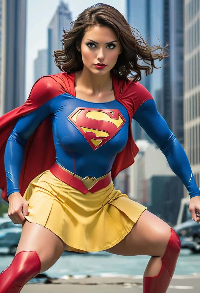 femelle, Super-femme mince, BD, super héros, Logo Superman sur la triche, blue and red super héros outfit, jupe jaune, Jambes fortes