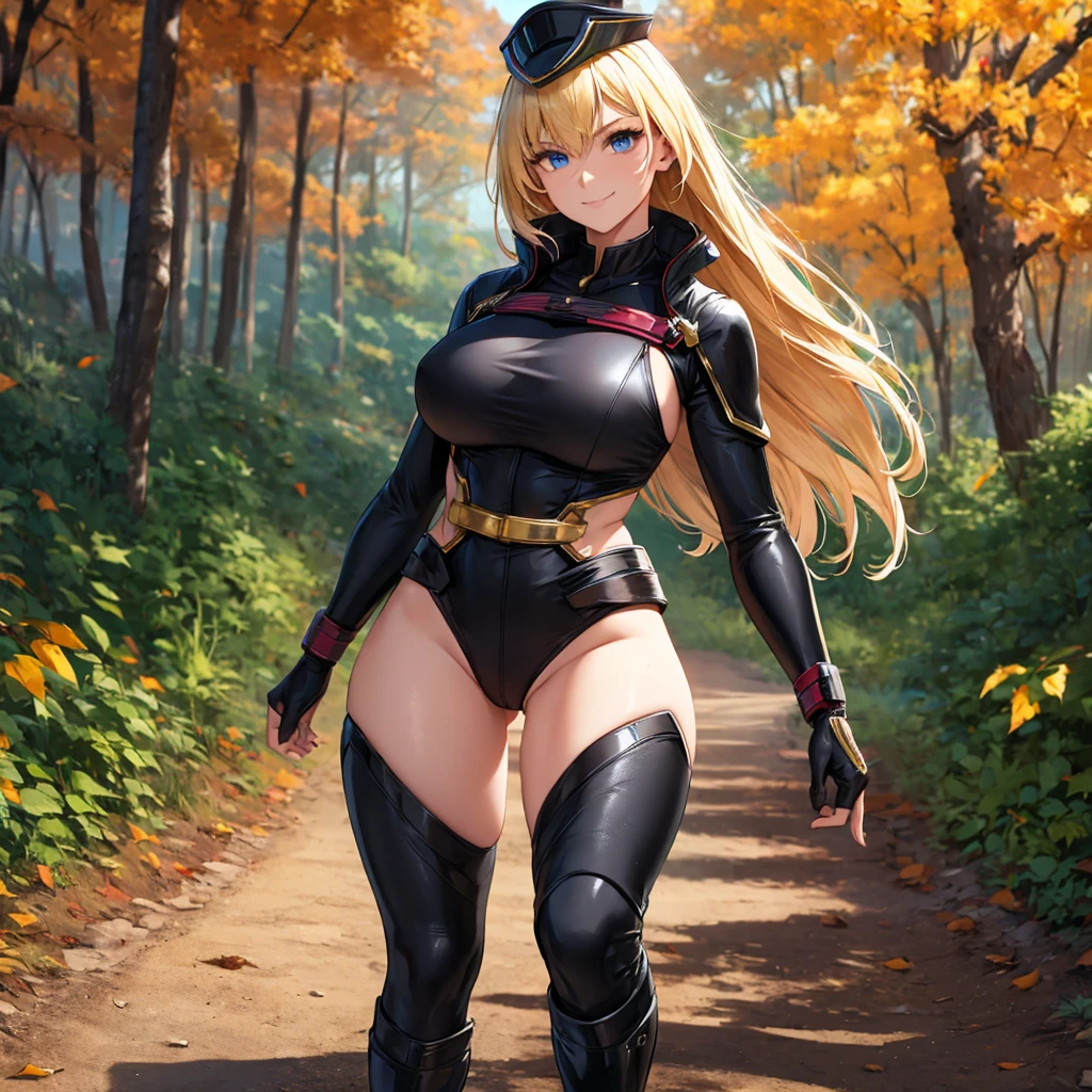 A woman wearing a black ranger uniform with gold details, ranger hat, blonde hair, long hair, blue eyes, smiling, black boots, big breasts, walking on a dirt road, orange trees, autumn weather, in a forest , daytime location, forest climate.. UHD , prime work , accurate , anatomically correct , textured skin , super details , high quality , best quality, 8k, high resolution, bokeh effect. (woman alone).standing posture.
