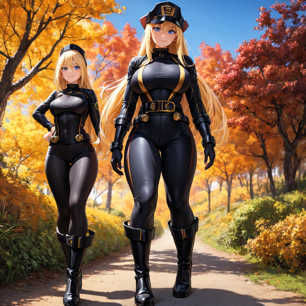 A woman wearing a black ranger uniform with gold details, ranger hat, blonde hair, long hair, blue eyes, smiling, black boots, big breasts, walking on a dirt road, orange trees, autumn weather, in a forest , daytime location, forest climate.. UHD , prime work , accurate , anatomically correct , textured skin , super details , high quality , best quality, 8k, high resolution, bokeh effect. (woman alone).standing posture.
