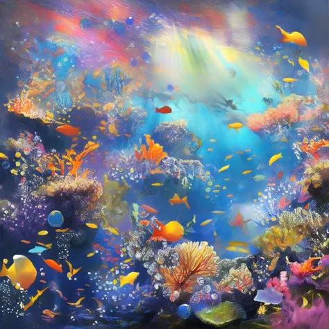 Beautiful deep sea at your command、lots of bubbles、Air bubbles、Light、Coral Reef、Round feeling