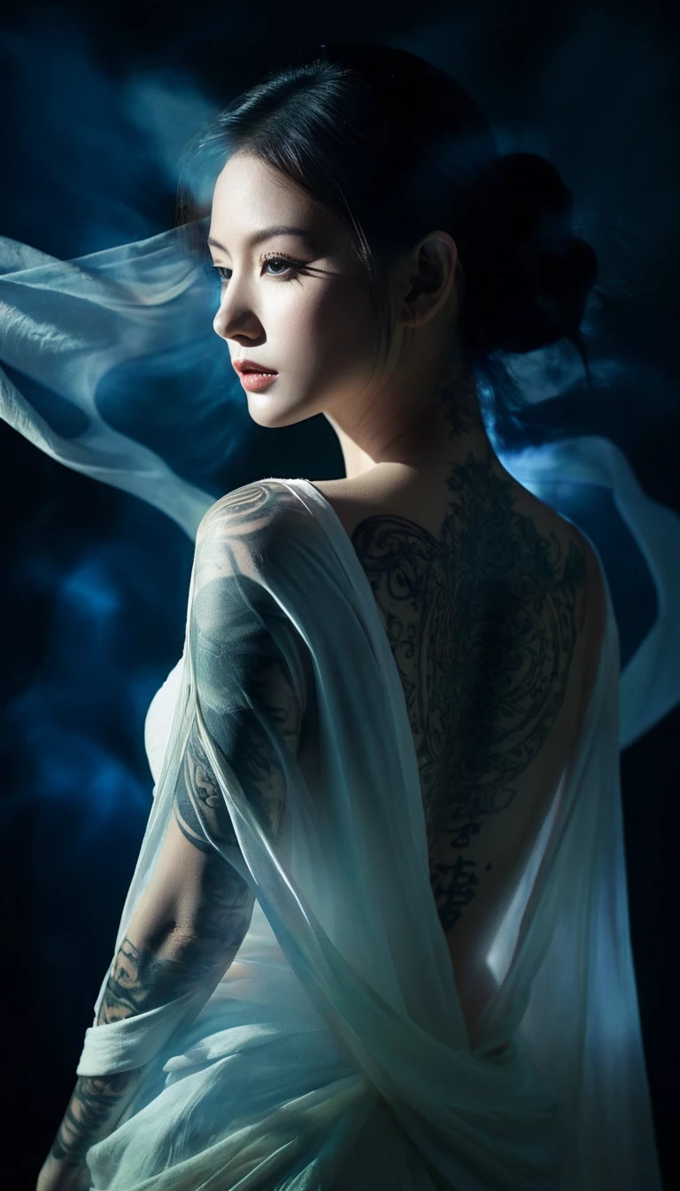 Double Exposure Style,Volumetric Lighting,a girl (Supermodel) with Wrap top,arching her back, beautiful tattoo, Traditional Attire,Artistic Calligraphy and Ink,light depth,dramatic atmospheric lighting,Volumetric Lighting,double image ghost effect,image combination,double exposure style,