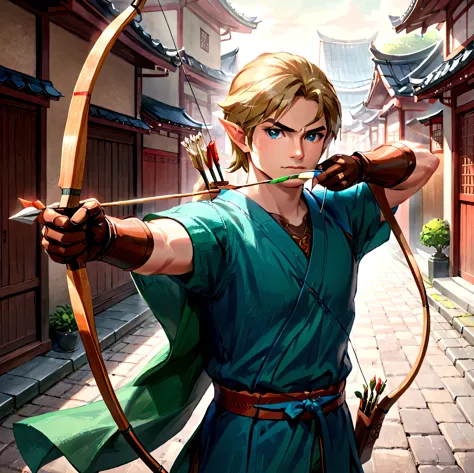 masterpiece, best quality, very aesthetic, absurdres, 
Archer, 1boy, link, zelda, green kimono, bow and arrow, leather gloves, (...