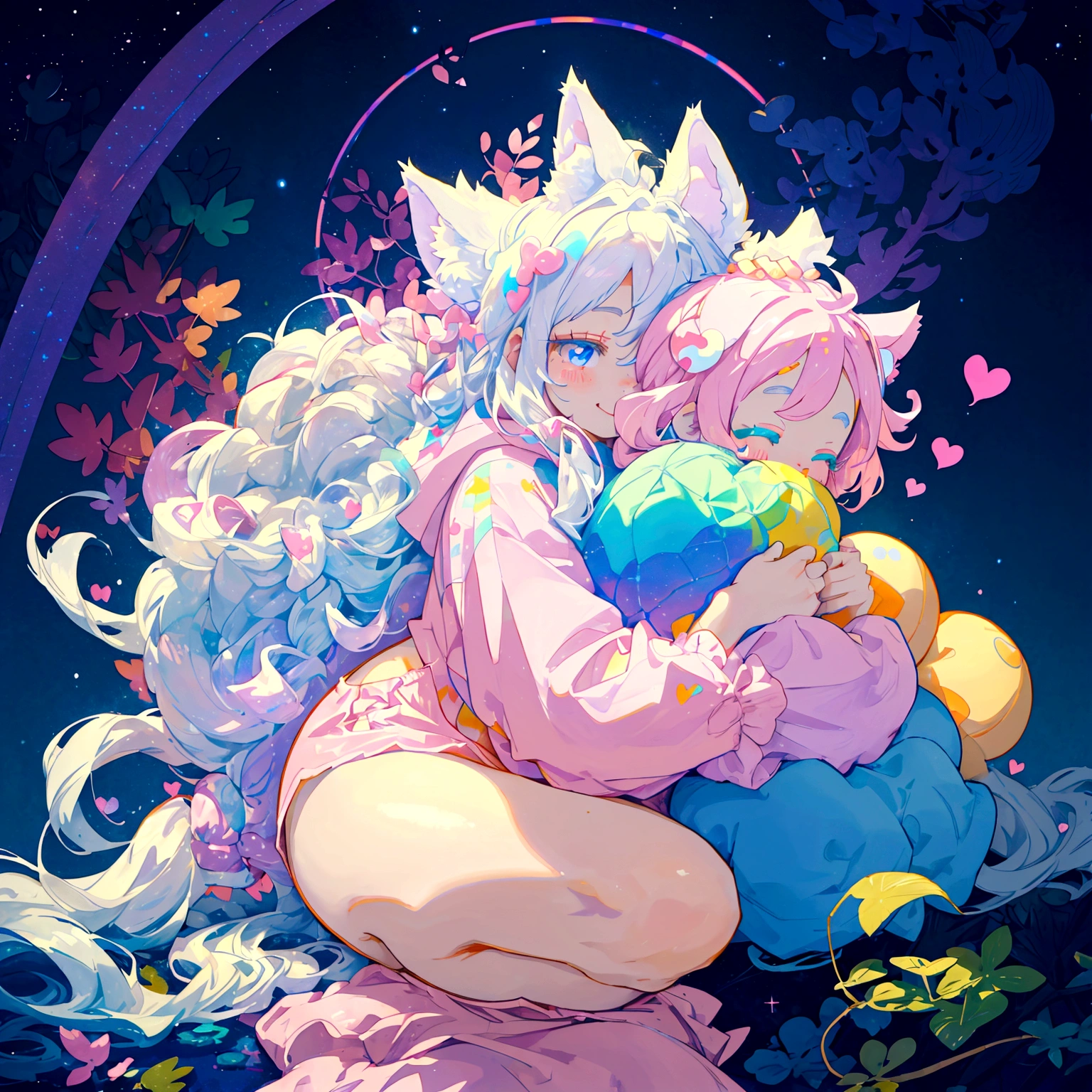 a cute adult male with wolf ears, long white hair, long locks, has a wolf tail, thick thighs, wide hips, short, wearing pink romper with a hood and pink shorts, has heart on shirt, has bunny ears on hood, very slim, showing slender tummy, squishy thighs, has glowing blue eyes. alone, solo (ALONE)(SOLO), surrounded by rainbows, colorful galaxy backround, smiling, on knees ontop of a pile of fluffy plushes, plushies everywhere, kawaii plushies, surrounded by bubbles, surrounded by rainbow leaves, thicc thighs, stretching out, hands covered, hugging plushie