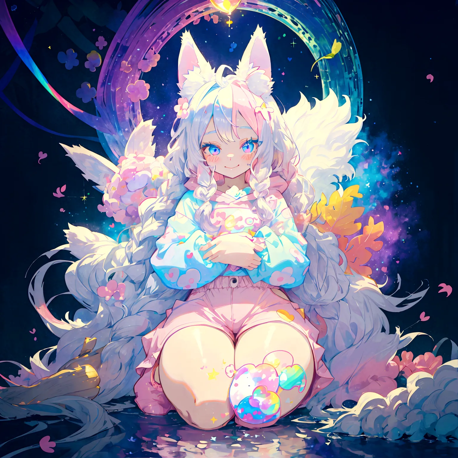 a cute adult male with wolf ears, long white hair, long locks, has a wolf tail, thick thighs, wide hips, short, wearing pink rom...