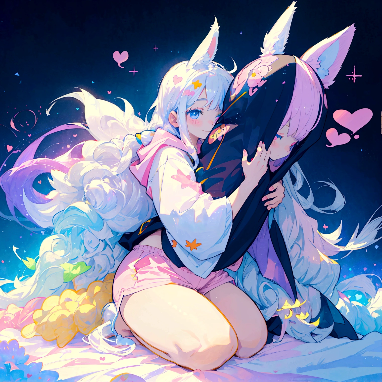 a cute adult male with wolf ears, long white hair, long locks, has a wolf tail, thick thighs, wide hips, short, wearing pink romper with a hood and pink shorts, has heart on shirt, has bunny ears on hood, very slim, showing slender tummy, squishy thighs, has glowing blue eyes. alone, solo (ALONE)(SOLO), surrounded by rainbows, colorful galaxy backround, smiling, on knees ontop of a pile of fluffy plushes, plushies everywhere, kawaii plushies, surrounded by bubbles, surrounded by rainbow leaves, thicc thighs, stretching out, hands covered, hugging plushie