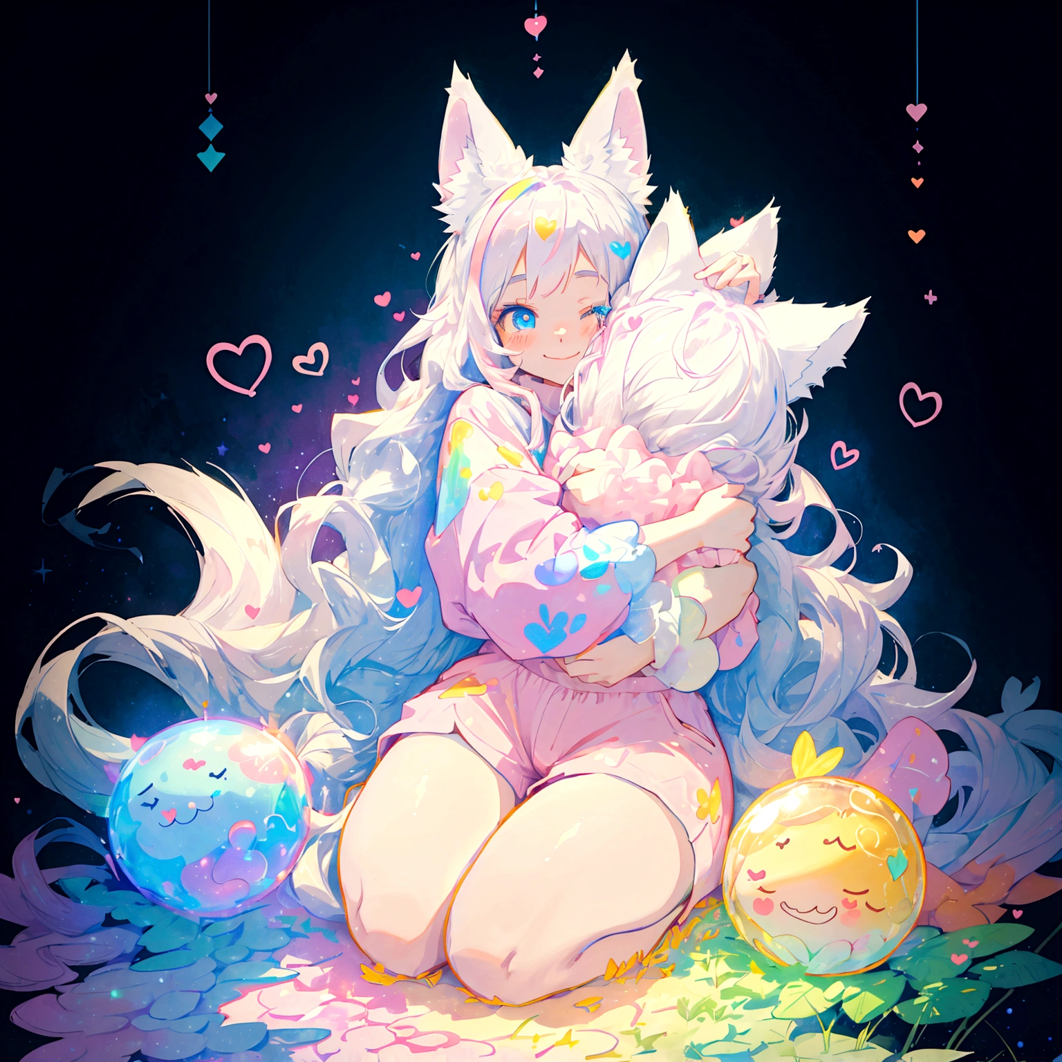 a cute adult male with wolf ears, long white hair, long locks, has a wolf tail, thick thighs, wide hips, short, wearing pink romper with a hood and pink shorts, has heart on shirt, has bunny ears on hood, very slim, showing slender tummy, squishy thighs, has glowing blue eyes. alone, solo (ALONE)(SOLO), surrounded by rainbows, colorful galaxy backround, smiling, on knees ontop of a pile of fluffy plushes, plushies everywhere, kawaii plushies, surrounded by bubbles, surrounded by rainbow leaves, thicc thighs, stretching out, hands covered, hugging plushie