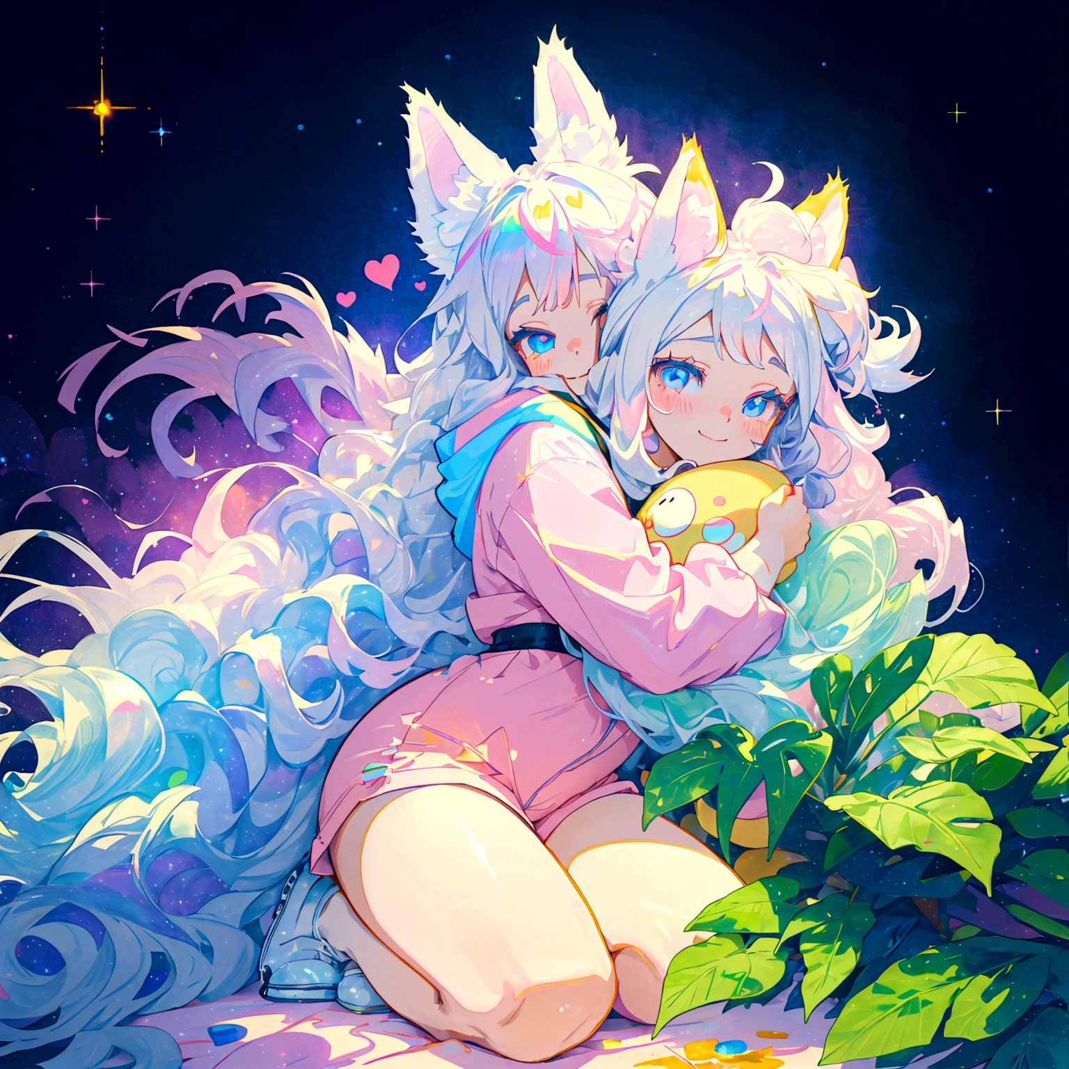 a cute adult male with wolf ears, long white hair, long locks, has a wolf tail, thick thighs, wide hips, short, wearing pink romper with a hood and pink shorts, has heart on shirt, has bunny ears on hood, very slim, showing slender tummy, squishy thighs, has glowing blue eyes. alone, solo (ALONE)(SOLO), surrounded by rainbows, colorful galaxy backround, smiling, on knees ontop of a pile of fluffy plushes, plushies everywhere, kawaii plushies, surrounded by bubbles, surrounded by rainbow leaves, thicc thighs, stretching out, hands covered, hugging plushie