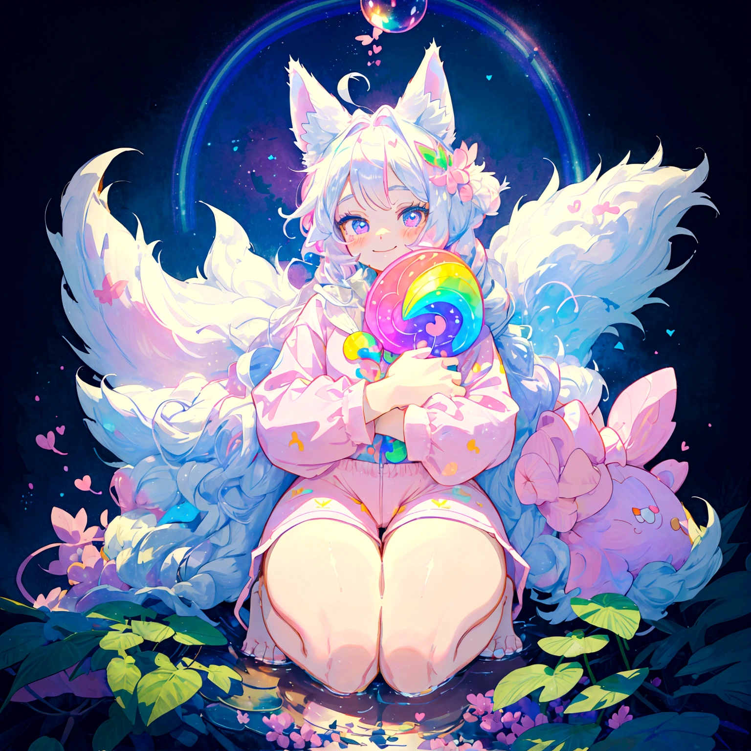 a cute adult male with wolf ears, long white hair, long locks, has a wolf tail, thick thighs, wide hips, short, wearing pink romper with a hood and pink shorts, has heart on shirt, has bunny ears on hood, very slim, showing slender tummy, squishy thighs, has glowing blue eyes. alone, solo (ALONE)(SOLO), surrounded by rainbows, colorful galaxy backround, smiling, on knees ontop of a pile of fluffy plushes, plushies everywhere, kawaii plushies, surrounded by bubbles, surrounded by rainbow leaves, thicc thighs, stretching out, hands covered, hugging plushie