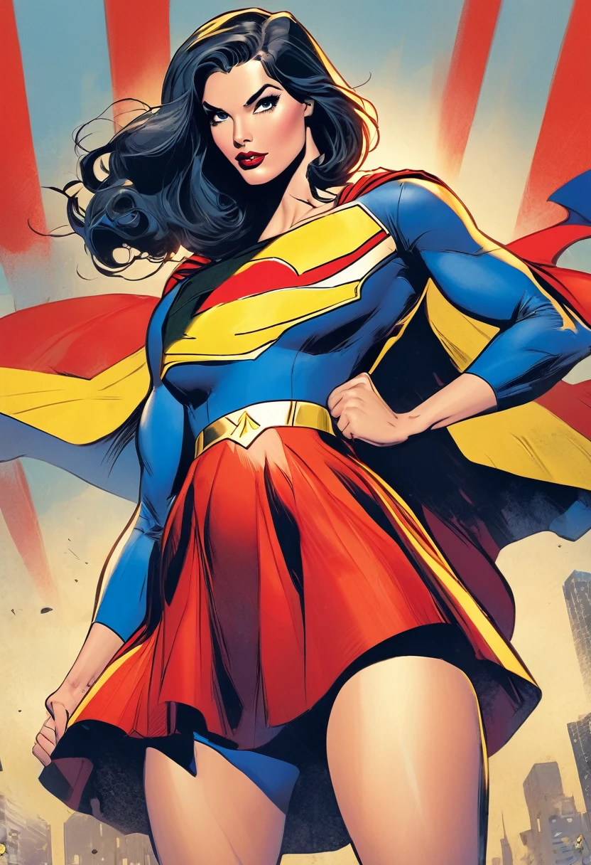 女性, 苗条超级女人, 漫画书, 超级英雄, 超人标志作弊, blue and red 超级英雄 outfit, 黄色裙子, 强壮的腿