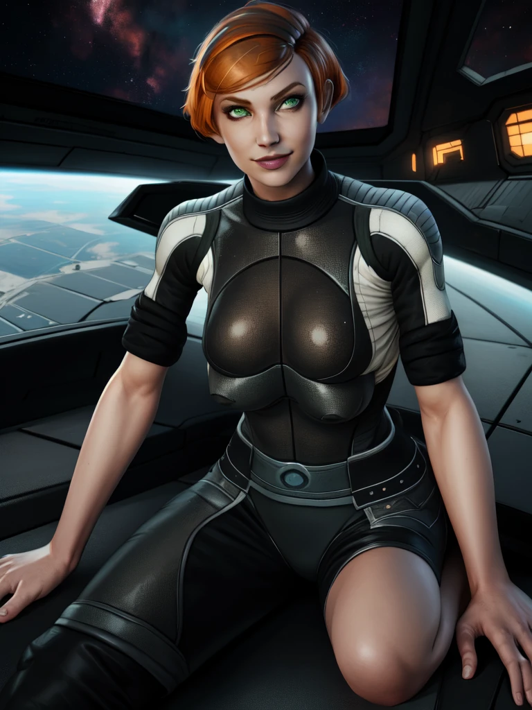 kelly, short hair, orange hair, green eyes, ,(((4breasts))) 
white and black bodysuit, short hair,   pants, 
sitting,   upper body,   looking at viewer,  light smile, 
space ship, indoors,  
(insanely detailed, beautiful detailed face,beautiful detailed eyes, masterpiece, best quality),
 