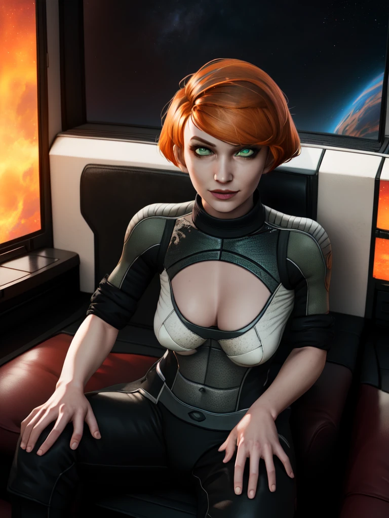 kelly, short hair, orange hair, green eyes, ,(((4breasts))) 
white and black bodysuit, short hair,   pants, 
sitting,   upper body,   looking at viewer,  light smile, 
space ship, indoors,  
(insanely detailed, beautiful detailed face,beautiful detailed eyes, masterpiece, best quality),
 