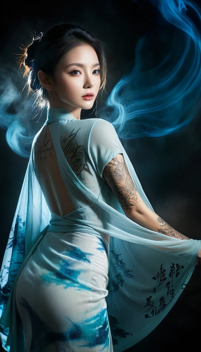 Double Exposure Style,Volumetric Lighting,a girl (Supermodel) with Wrap top,arching her back, beautiful tattoo, Traditional Attire,Artistic Calligraphy and Ink,light depth,dramatic atmospheric lighting,Volumetric Lighting,double image ghost effect,image combination,double exposure style,