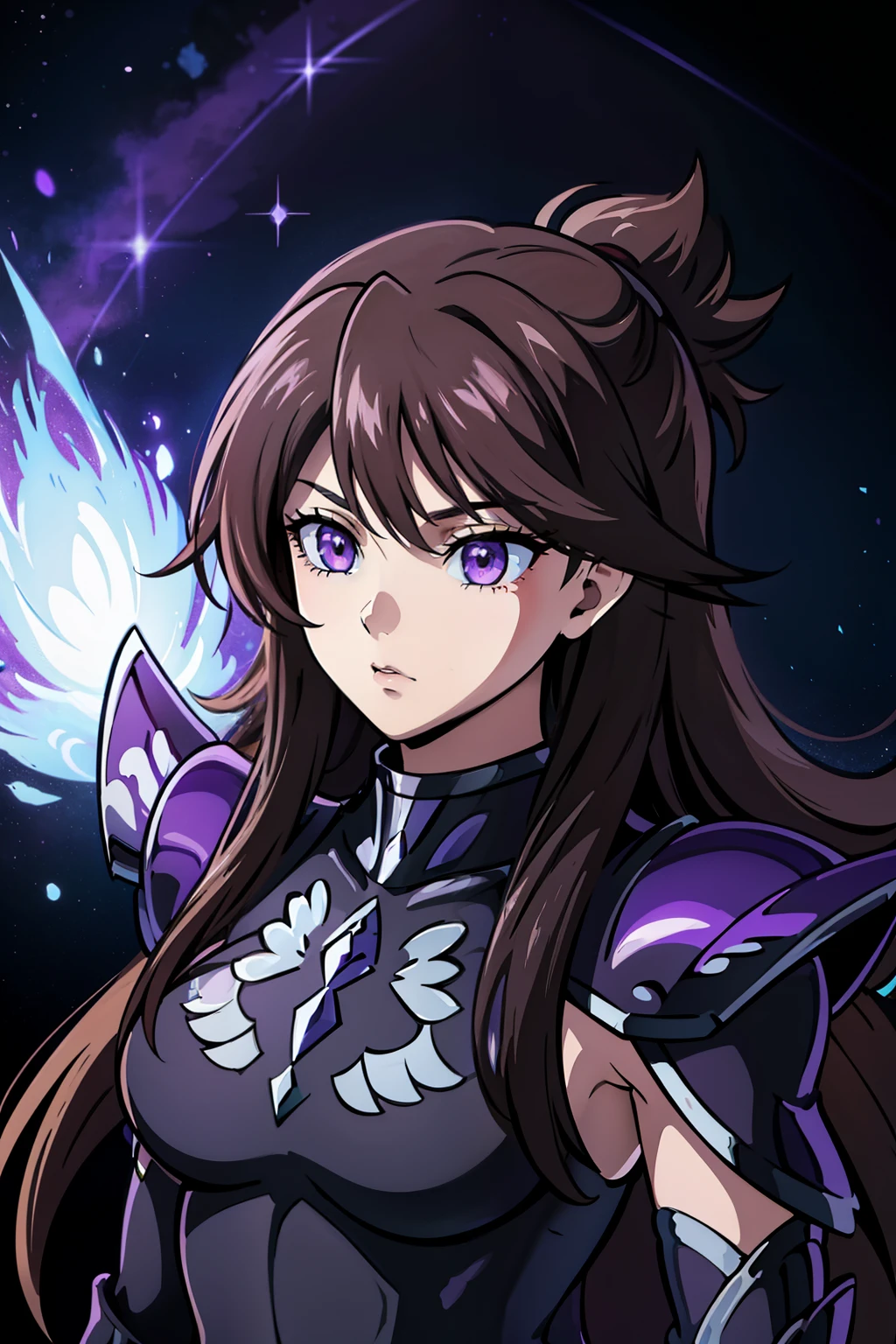 (high-quality, breathtaking),(expressive eyes, perfect face) portrait, Symmetrical Eyes, 1girl, female, solo, adult, brown hair, purple blue coloured eyes, long hair length, bangs, fluffy hair, looking at viewer, portrait, black background, narrow eyes, soft eerie blue lighting background, rock terrain background, Hades Armor, Hypnos Saint Seiya Armor, Thanatos Saint Seiya Armor, Dark Purple Armor, trim, full plate, feminine face, half body shot, hair ornament, stylized hairstyle
