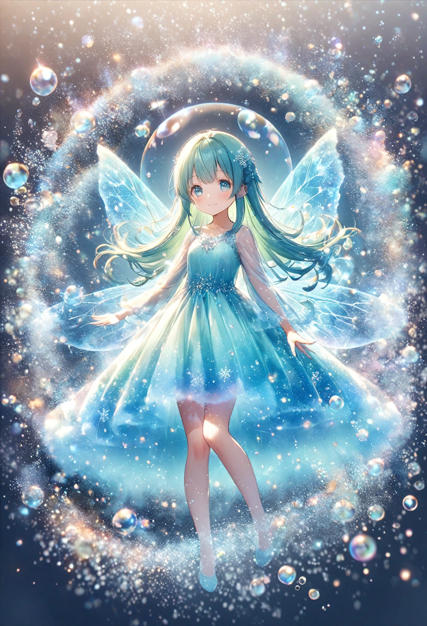 Watercolor textures used. Delicate and super-detailed snowflakes with glittering particles throughout. The background is a world of delicate ice, cool, shimmering, transparent and fantastic. Delicate ice soap bubbles. From among the large frozen bubbles, a super cute and pretty fairy girl, drawn with a minimal and delicate moe-anime touch, in a lovely ice-inspired dress full of delicate frills, jumps out of the scene with her arms raised in the air. She smiles beautifully and prettily. Smile. Long eyelashes and big, round, sparkling, charming eyes. Delicate frozen soap bubbles. Ice crystals. Transparency. Translucent, fantastical, shimmering, ultra-fine fairy wings. Her hair is long, delicate and silky. Soft blue-green magic light like fluffy dust and dust. Delicate ice crystal particles glowing in neon. Magical fantasy. Moe. Cute. Minimalist. Sparkle. Healing. Fantastic. Top quality. Top image quality. The finest details.