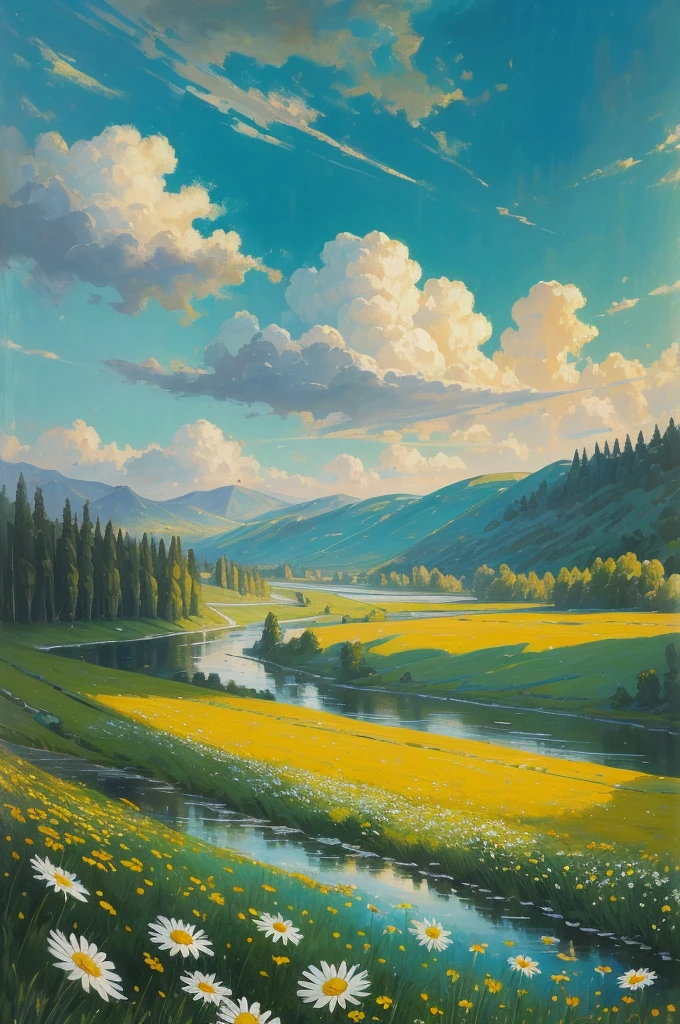 painting of a field of daisies and a river in the distance, meadow with flowers, meadows on hills, field of flowers, by Eugene Tertychnyi, [ oil painting ]!!, landscape oil painting, by Franciszek Starowieyski, summer landscape, summer meadow, by Sylvester Shchedrin, meadows, by Dechko Uzunov