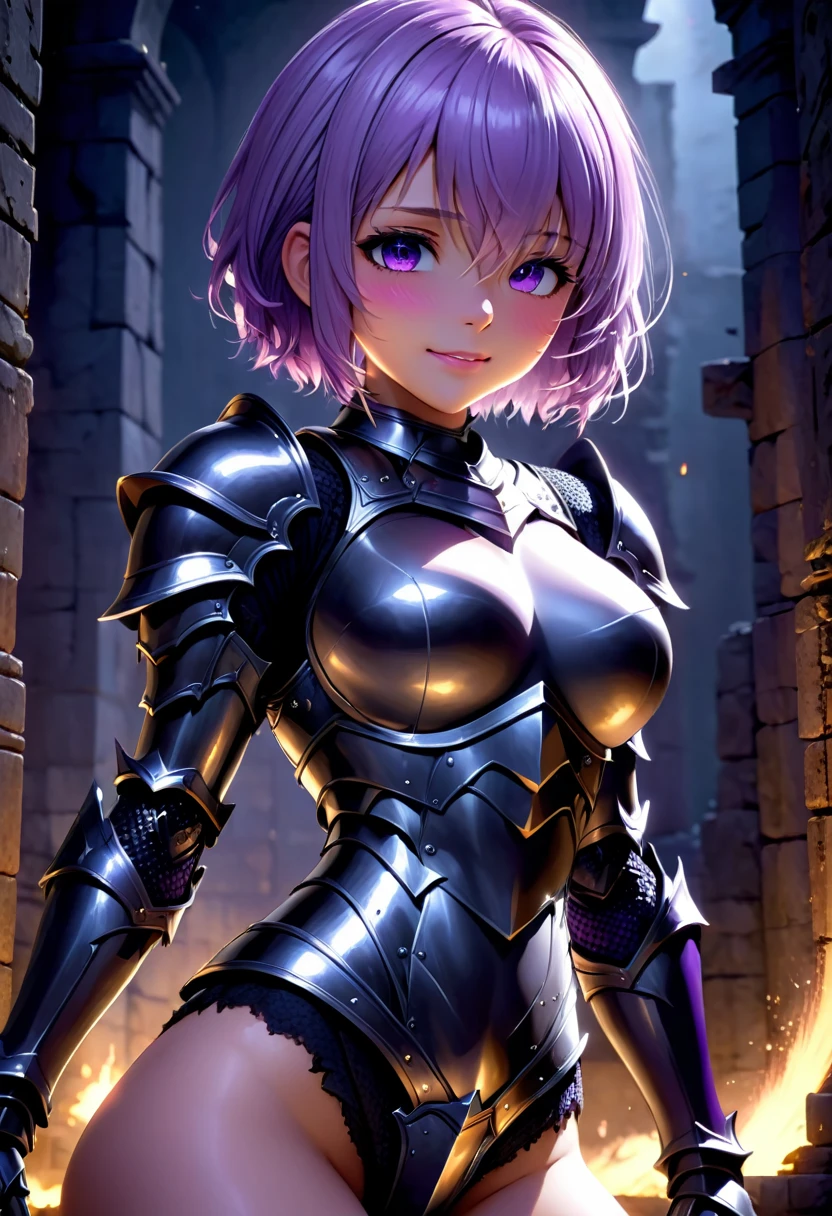 (masterpiece, top quality, best quality, beautiful and aesthetic:1.2), full body, SFW, extremely detailed, detailed face and eyes, cinematic light, depth of field, 1girl, seducing smile, solo, official, (full armored knight:1.4), dark armor, mash kyrielight, light purple hair, short hair, hair over one eye, slim body, cinematic lighting, dramatic lighting, dramatic atmosphere, hyper-realistic, high resolution, stunning contrast, high quality, best quality, 8k, 4k, intricately detailed, (amazing details:1.2), highly detailed skin, powerful presence, vibrant colors, (detailed eyes:1.2), striking eyes, (detailed background), (warzone on background, night, ruins), (dynamic angle:1.2), (dynamic pose:1.2)