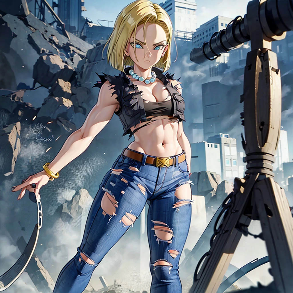 best quality, high definition, and18, 1girl, Android 18, solo, blonde hair, blue eyes, belt, jeans, pearl_necklace, bracelet, naked, short hair, open vest, black vest, big breasts, wide hips, ass, legs apart, city, (torn clothes: 1.5), erotica, standing, expressionless,