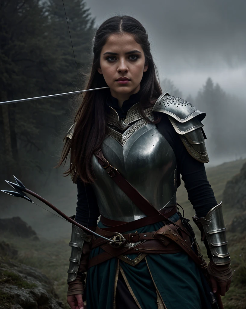 beautiful detailed eyes, beautiful detailed lips, extremely detailed eyes and face, long eyelashes, 1girl, archer, medieval fantasy, bow and arrow, detailed fantasy armor, dramatic lighting, cinematic composition, epic fantasy landscape, mist, dramatic mood, dramatic colors, moody colors