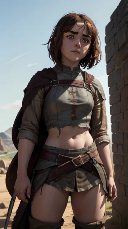 8k, maisie williams face, pale skin, toned abs, small breast, round ass, her round ass visible, brown hair, maisie williams as a...