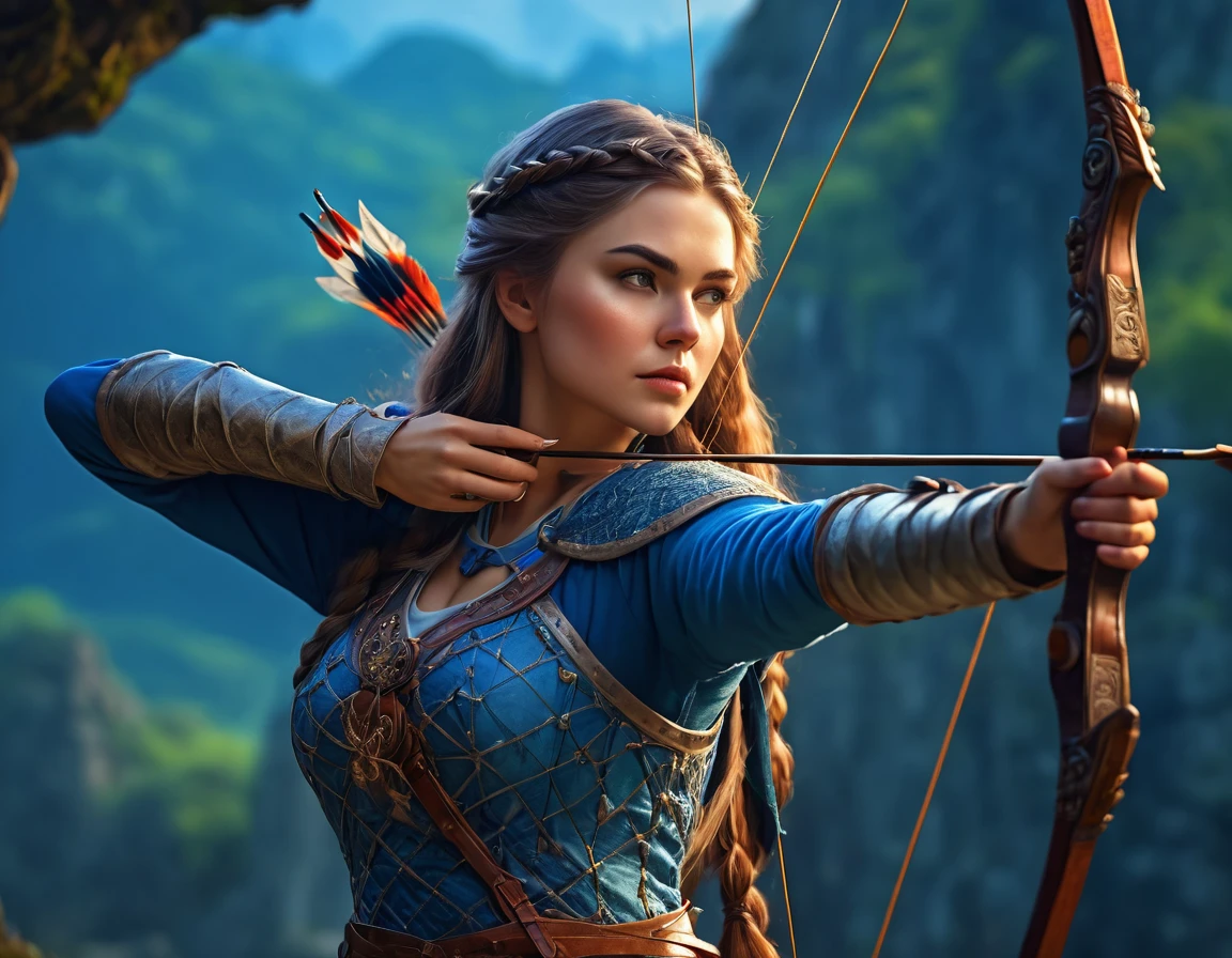 a beautiful archer woman, long detailed hair, detailed facial features, elegant bow and arrow, detailed clothing, medieval fantasy, cinematic lighting, dramatic atmosphere, vibrant colors, detailed background, intricate details, photorealistic, highres, 8k, best quality, masterpiece