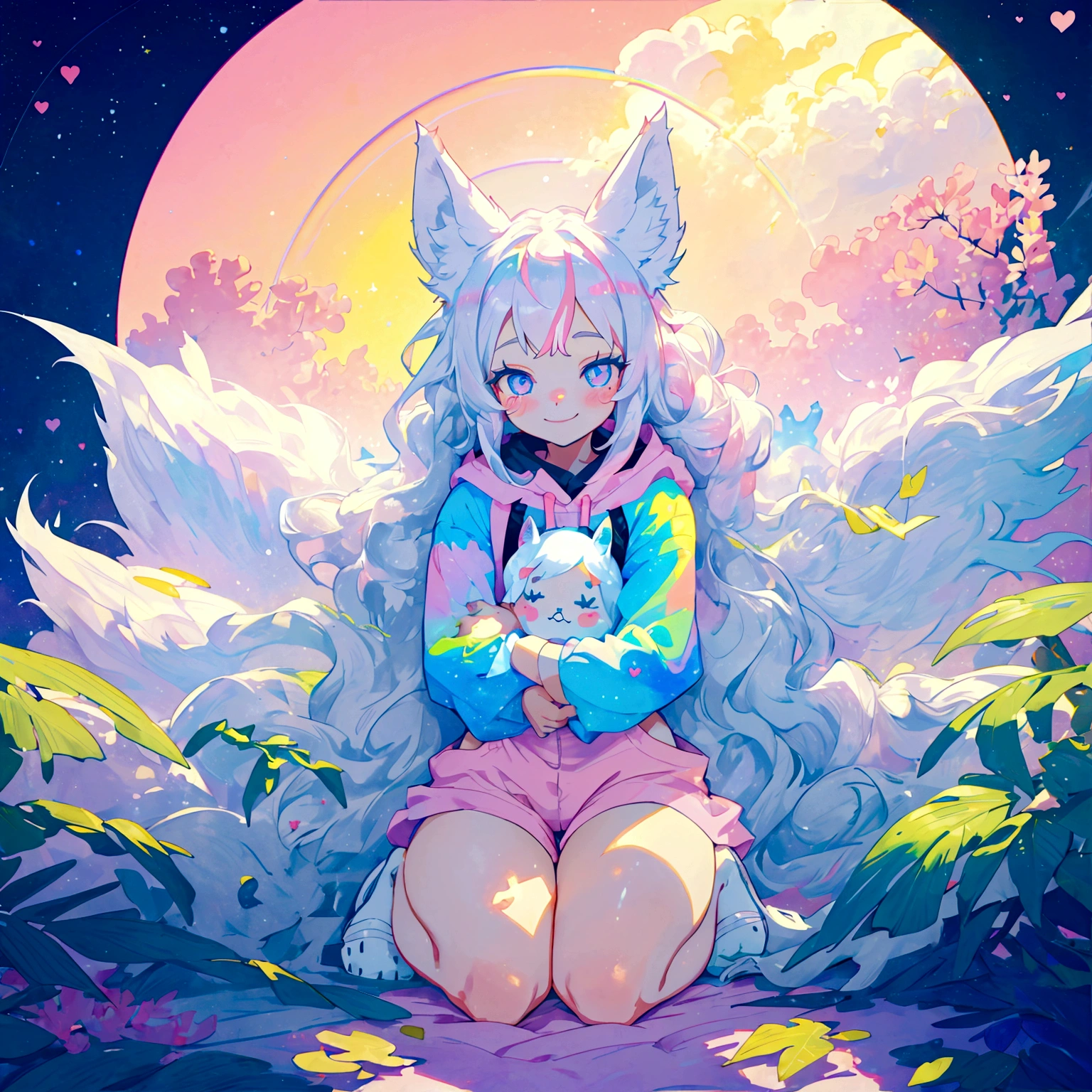 a cute adult male with wolf ears, long white hair, long locks, has a wolf tail, thick thighs, wide hips, short, wearing pink romper with a hood and pink shorts, has heart on shirt, has bunny ears on hood, very slim, showing slender tummy, squishy thighs, has glowing blue eyes. alone, solo (ALONE)(SOLO), surrounded by rainbows, colorful galaxy backround, smiling, on knees ontop of a pile of fluffy plushes, plushies everywhere, kawaii plushies, surrounded by bubbles, surrounded by rainbow leaves, thicc thighs, stretching out, hands covered, hugging plushie