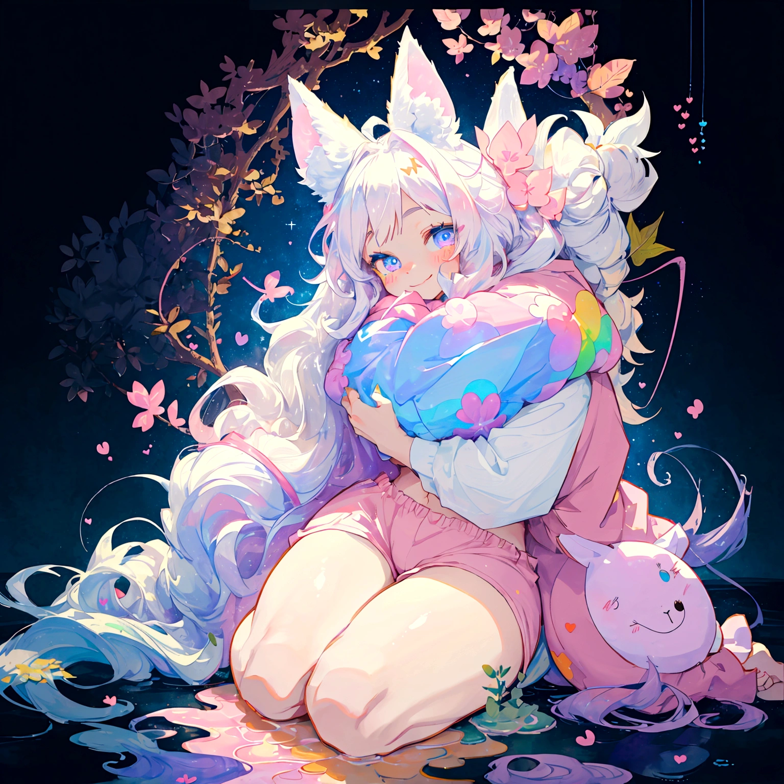 a cute adult male with wolf ears, long white hair, long locks, has a wolf tail, thick thighs, wide hips, short, wearing pink romper with a hood and pink shorts, has heart on shirt, has bunny ears on hood, very slim, showing slender tummy, squishy thighs, has glowing blue eyes. alone, solo (ALONE)(SOLO), surrounded by rainbows, colorful galaxy backround, smiling, on knees ontop of a pile of fluffy plushes, plushies everywhere, kawaii plushies, surrounded by bubbles, surrounded by rainbow leaves, thicc thighs, stretching out, hands covered, hugging plushie
