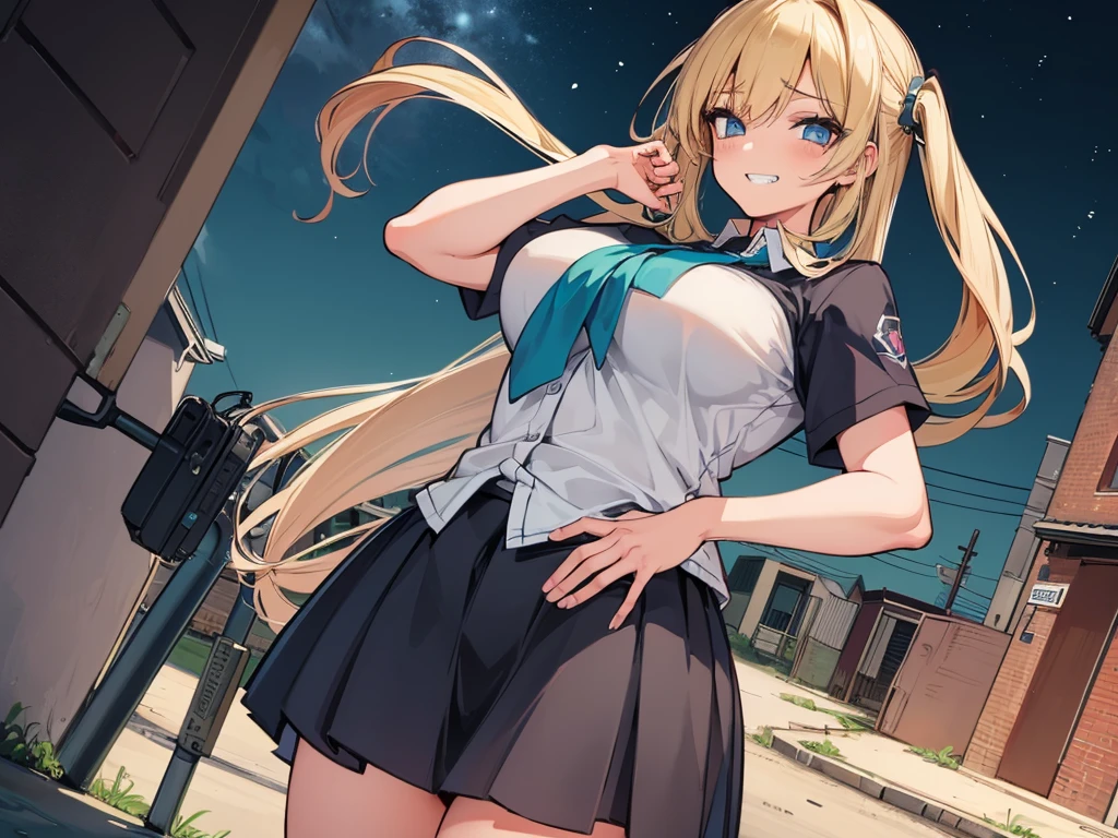 grin、(Big Breasts)、curvy、(((((1 girl)))))、High-pressure poses、night、Dark Back Alley、high school girl、((owncast eyes))、Worn uniform、Blonde、dutch angle、from below、Fisheye Lens