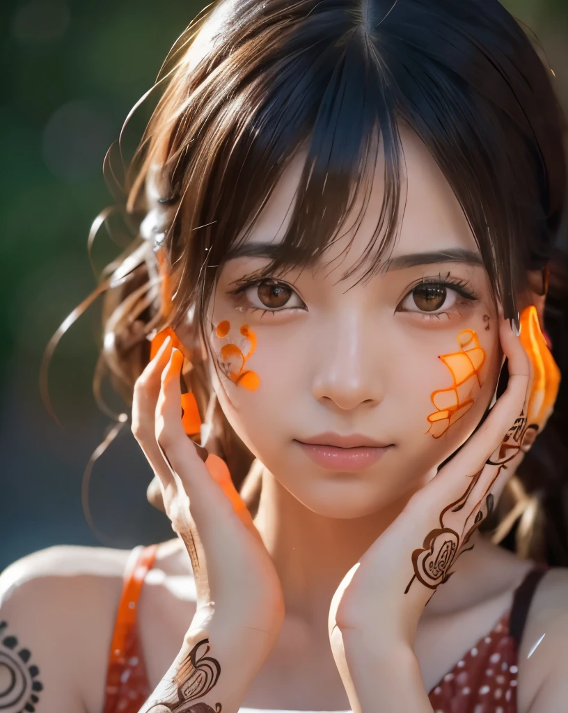 A portrait of a japanese woman with intricate neon henna tattoos covering her face, body, and hands. The tattoos are in shades of red and orange, detailed with precision. Her skin has a soft glow as she is backlit, creating a mesmerizing effect. The image quality is incredibly high at 32k resolution, capturing every minute detail with stunning clarity.