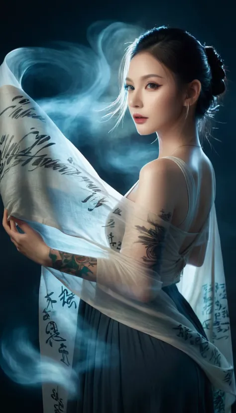 double exposure style,volumetric lighting,a girl (supermodel) with wrap top,arching her back, beautiful tattoo, traditional atti...