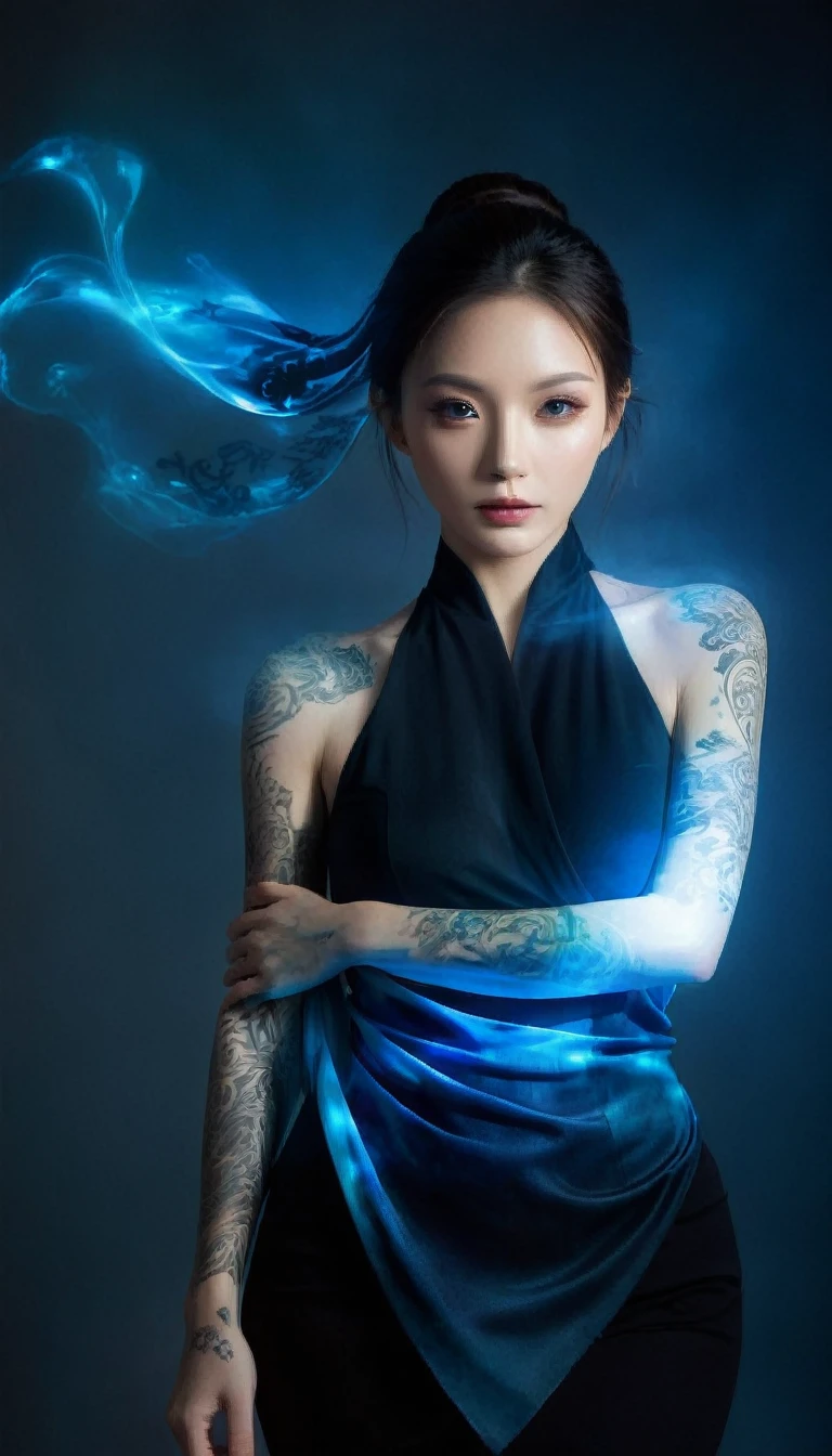 Double Exposure Style,Volumetric Lighting,a girl (Supermodel) with Wrap top,arching her back, beautiful tattoo, Traditional Attire,Artistic Calligraphy and Ink,light depth,dramatic atmospheric lighting,Volumetric Lighting,double image ghost effect,image combination,double exposure style,