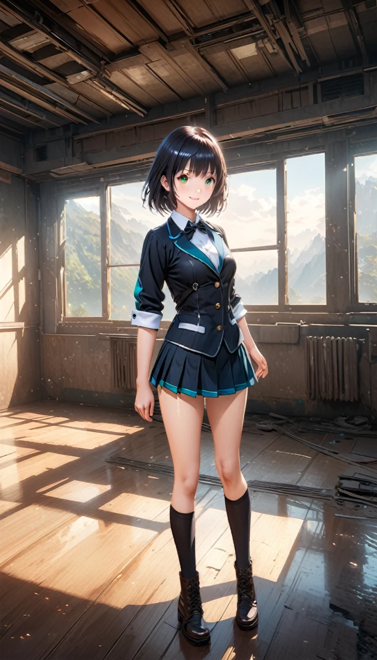 anime girl in standing in front of a classroom, cheerful face, green eyes, black blazer, beautiful anime high school girl, cyber school girl, v-tuber style, a hyperrealistic schoolgirl, realistic , digital anime illustration, hyperrealistic , digital anime art, official artwork, school girl, anime manga robot!! anime girl, detailed digital anime art, advanced digital anime art, smooth anime cg art
