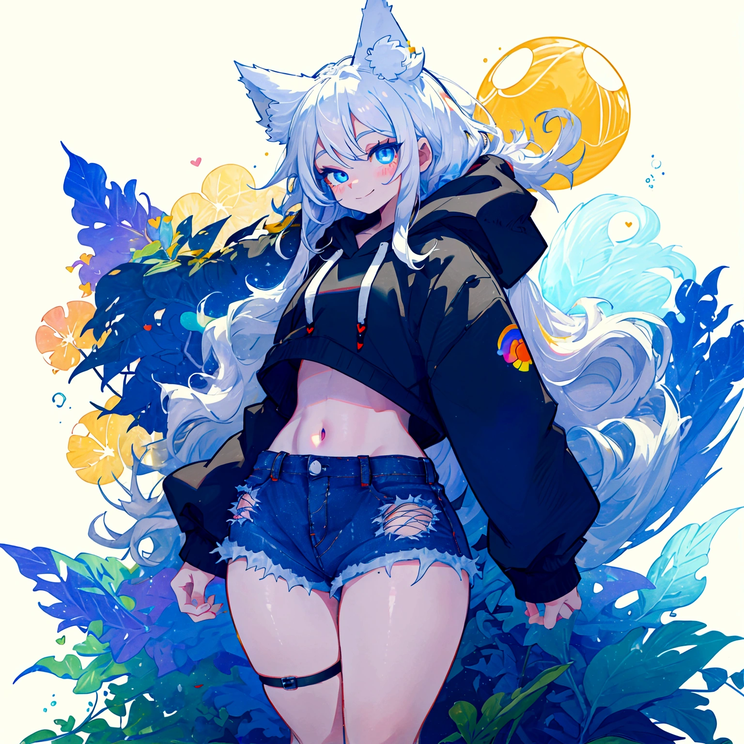 a cute adult male with wolf ears, long white hair, long locks, has a wolf tail, wearing a loose cropped black hoodie, wearing a pair of denim short shorts and fishnet stockings, thick thighs, wide hips, short, very slim, showing slender tummy, heart on hoodie, squishy thighs, has glowing blue eyes. alone, solo (ALONE)(SOLO), surrounded by rainbows, colorful galaxy backround, smiling, ontop of a pile of fluffy plushes, plushies everywhere, kawaii plushies, surrounded by bubbles, surrounded by rainbow leaves, standing up dancing, thicc thighs