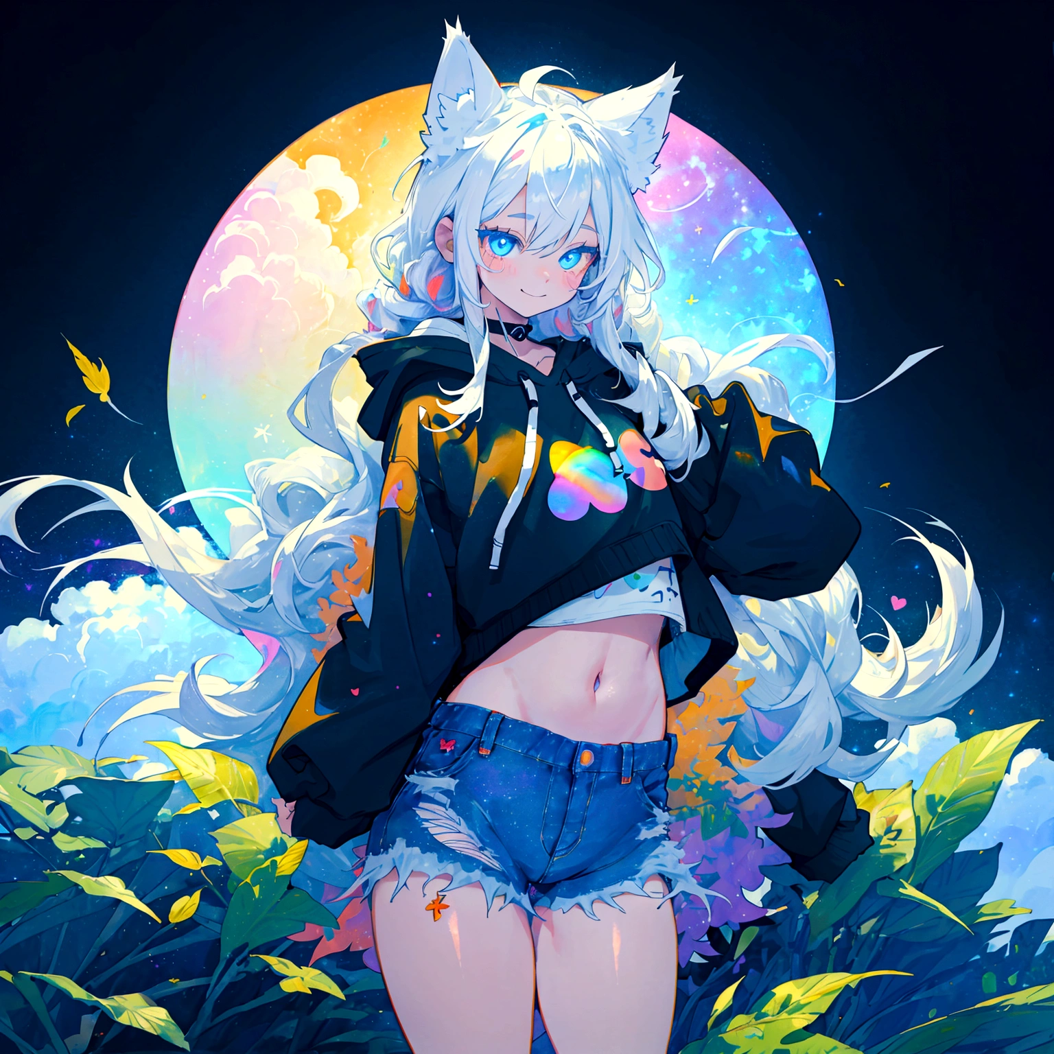 a cute adult male with wolf ears, long white hair, long locks, has a wolf tail, wearing a loose cropped black hoodie, wearing a pair of denim short shorts and fishnet stockings, thick thighs, wide hips, short, very slim, showing slender tummy, heart on hoodie, squishy thighs, has glowing blue eyes. alone, solo (ALONE)(SOLO), surrounded by rainbows, colorful galaxy backround, smiling, ontop of a pile of fluffy plushes, plushies everywhere, kawaii plushies, surrounded by bubbles, surrounded by rainbow leaves, standing up dancing, thicc thighs