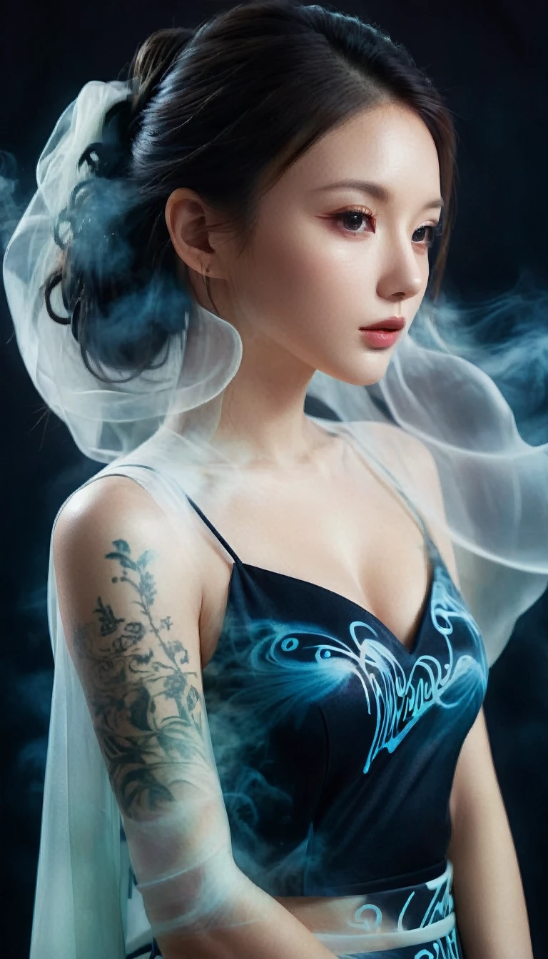 Double Exposure Style,Volumetric Lighting,a girl (Supermodel) with Wrap top,arching her back, beautiful tattoo, Traditional Attire,Artistic Calligraphy and Ink,light depth,dramatic atmospheric lighting,Volumetric Lighting,double image ghost effect,image combination,double exposure style,