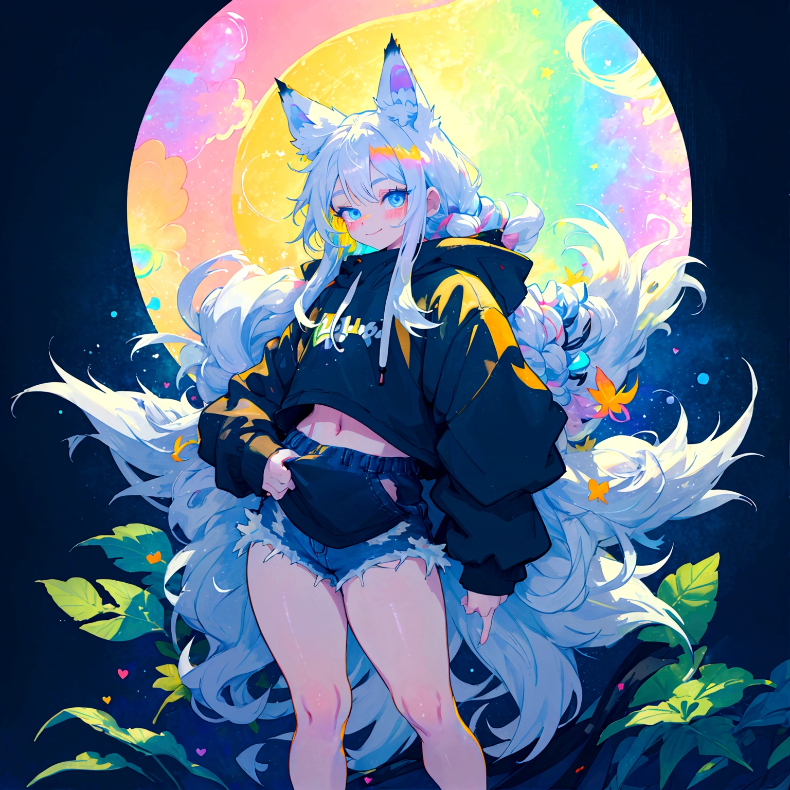 a cute adult male with wolf ears, long white hair, long locks, has a wolf tail, wearing a loose cropped black hoodie, wearing a pair of denim short shorts and fishnet stockings, thick thighs, wide hips, short, very slim, showing slender tummy, heart on hoodie, squishy thighs, has glowing blue eyes. alone, solo (ALONE)(SOLO), surrounded by rainbows, colorful galaxy backround, smiling, ontop of a pile of fluffy plushes, plushies everywhere, kawaii plushies, surrounded by bubbles, surrounded by rainbow leaves, standing up dancing, thicc thighs