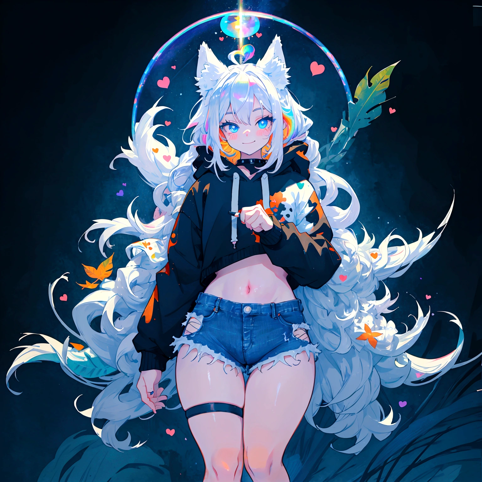 a cute adult male with wolf ears, long white hair, long locks, has a wolf tail, wearing a loose cropped black hoodie, wearing a pair of denim short shorts and fishnet stockings, thick thighs, wide hips, short, very slim, showing slender tummy, heart on hoodie, squishy thighs, has glowing blue eyes. alone, solo (ALONE)(SOLO), surrounded by rainbows, colorful galaxy backround, smiling, ontop of a pile of fluffy plushes, plushies everywhere, kawaii plushies, surrounded by bubbles, surrounded by rainbow leaves, standing up dancing, thicc thighs