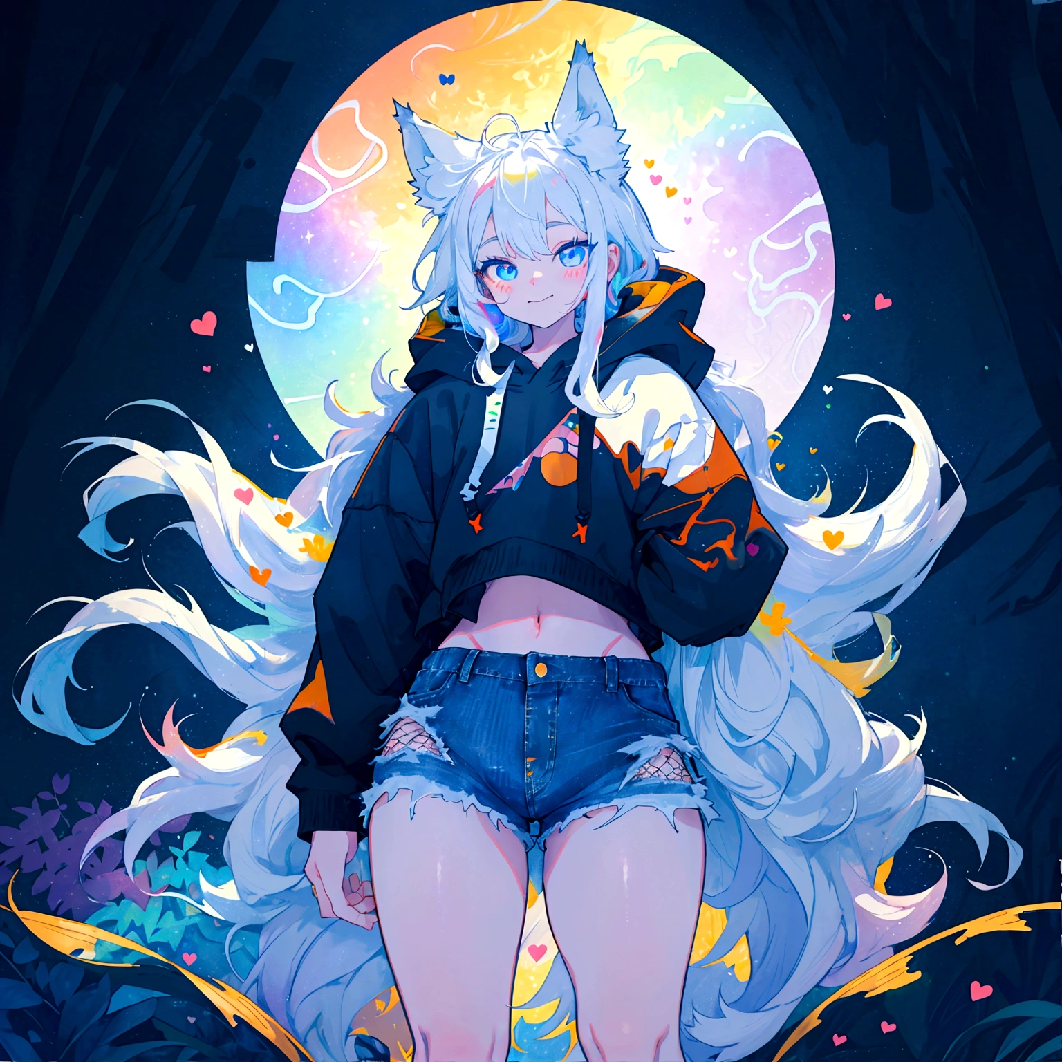 a cute adult male with wolf ears, long white hair, long locks, has a wolf tail, wearing a loose cropped black hoodie, wearing a pair of denim short shorts and fishnet stockings, thick thighs, wide hips, short, very slim, showing slender tummy, heart on hoodie, squishy thighs, has glowing blue eyes. alone, solo (ALONE)(SOLO), surrounded by rainbows, colorful galaxy backround, smiling, ontop of a pile of fluffy plushes, plushies everywhere, kawaii plushies, surrounded by bubbles, surrounded by rainbow leaves, standing up dancing, thicc thighs