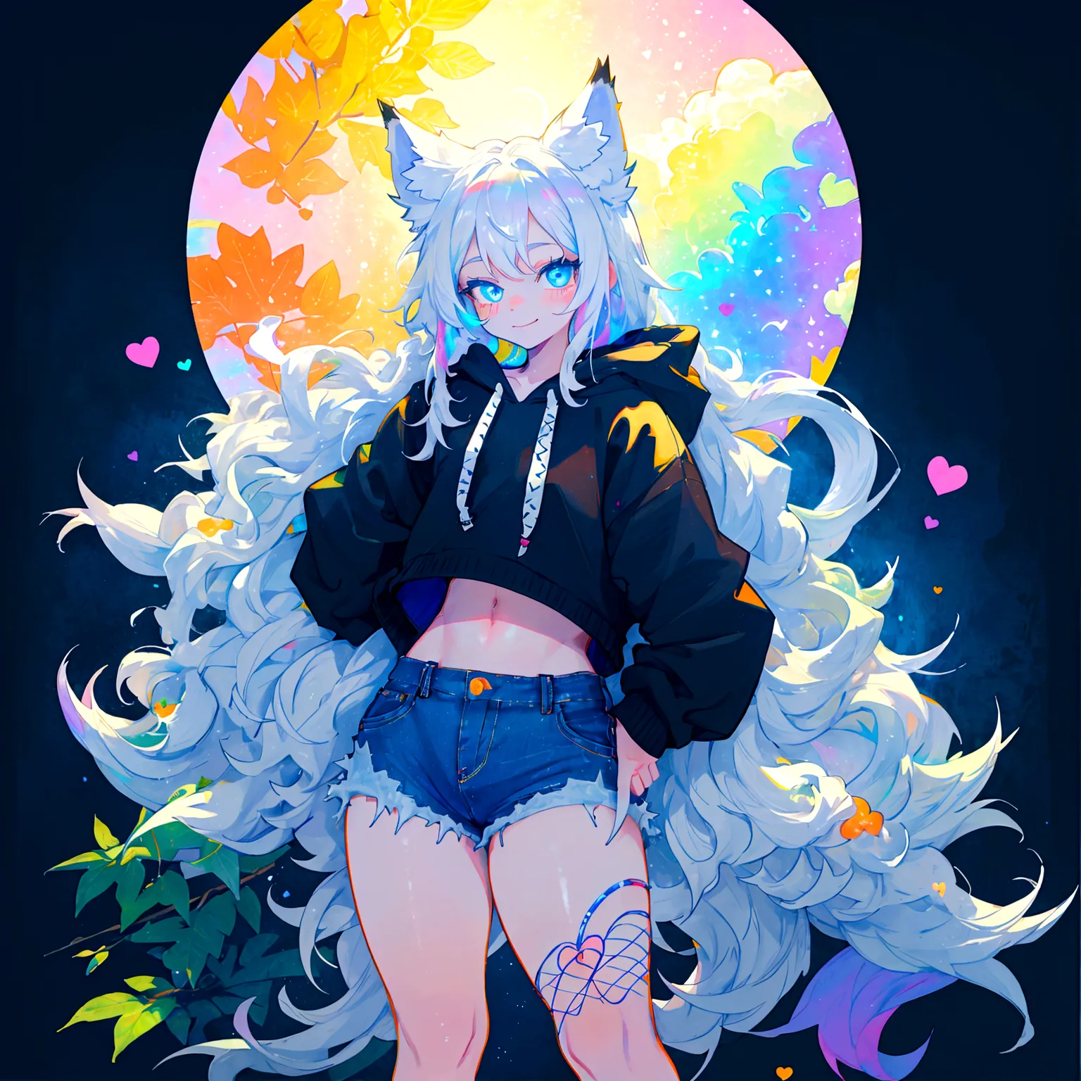 a cute adult male with wolf ears, long white hair, long locks, has a wolf tail, wearing a loose cropped black hoodie, wearing a ...