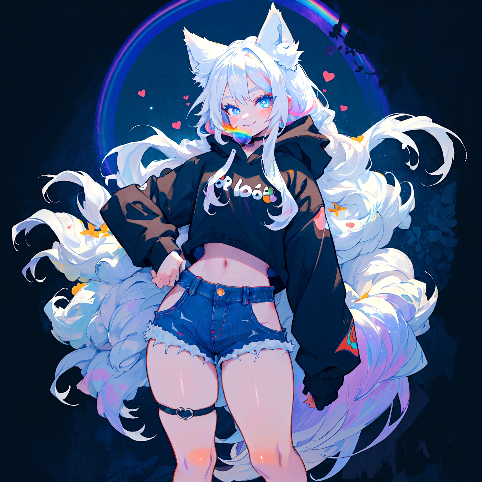 a cute adult male with wolf ears, long white hair, long locks, has a wolf tail, wearing a loose cropped black hoodie, wearing a pair of denim short shorts and fishnet stockings, thick thighs, wide hips, short, very slim, showing slender tummy, heart on hoodie, squishy thighs, has glowing blue eyes. alone, solo (ALONE)(SOLO), surrounded by rainbows, colorful galaxy backround, smiling, ontop of a pile of fluffy plushes, plushies everywhere, kawaii plushies, surrounded by bubbles, surrounded by rainbow leaves, standing up dancing, thicc thighs