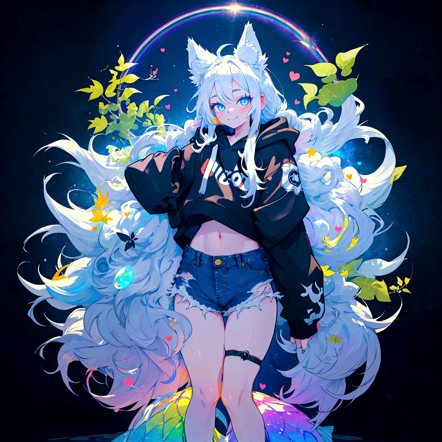 a cute adult male with wolf ears, long white hair, long locks, has a wolf tail, wearing a loose cropped black hoodie, wearing a pair of denim short shorts and fishnet stockings, thick thighs, wide hips, short, very slim, showing slender tummy, heart on hoodie, squishy thighs, has glowing blue eyes. alone, solo (ALONE)(SOLO), surrounded by rainbows, colorful galaxy backround, smiling, ontop of a pile of fluffy plushes, plushies everywhere, kawaii plushies, surrounded by bubbles, surrounded by rainbow leaves, standing up dancing, thicc thighs