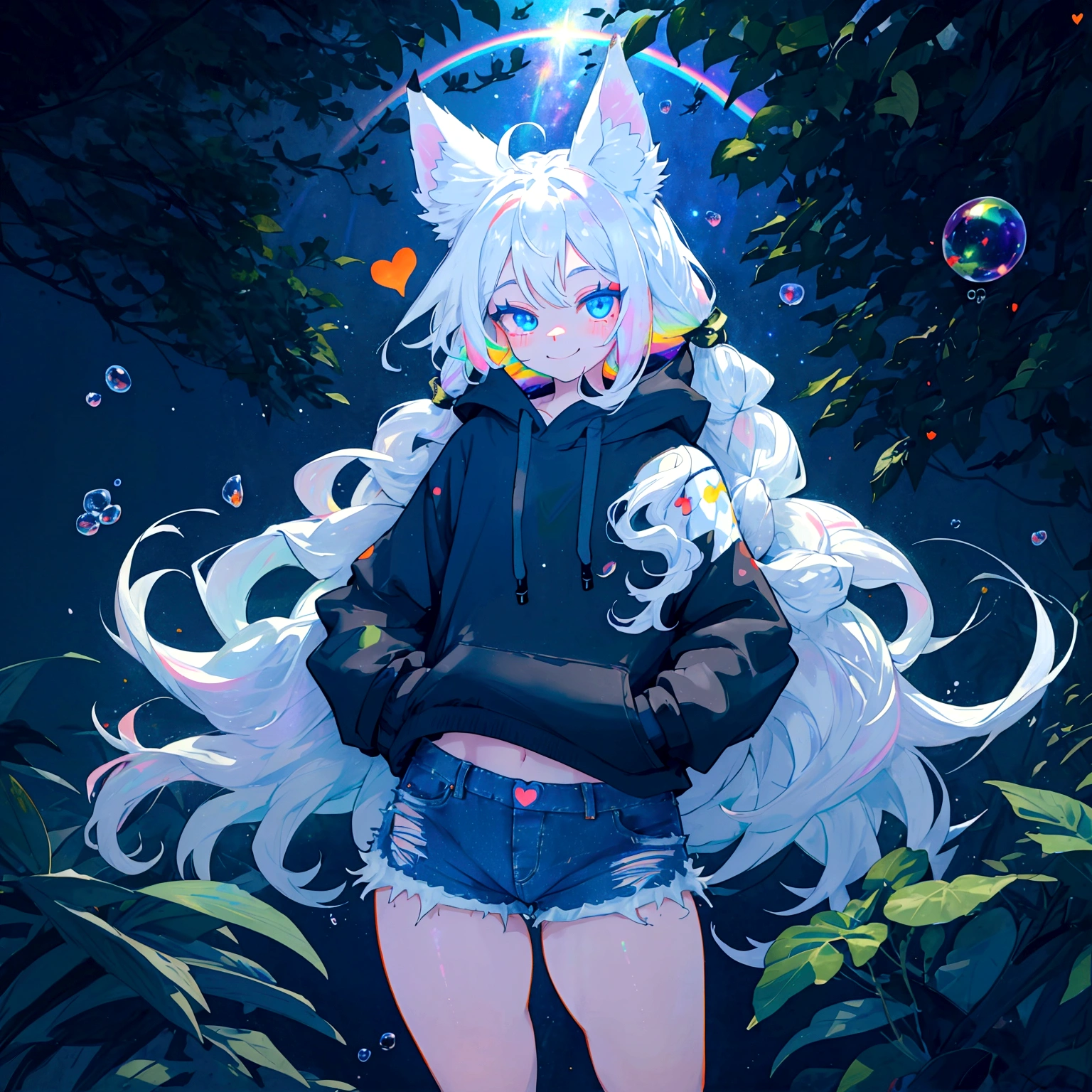 a cute adult male with wolf ears, long white hair, long locks, has a wolf tail, wearing a loose cropped black hoodie, wearing a pair of denim short shorts and fishnet stockings, thick thighs, wide hips, short, very slim, showing slender tummy, heart on hoodie, squishy thighs, has glowing blue eyes. alone, solo (ALONE)(SOLO), surrounded by rainbows, colorful galaxy backround, smiling, ontop of a pile of fluffy plushes, plushies everywhere, kawaii plushies, surrounded by bubbles, surrounded by rainbow leaves, standing up dancing, thicc thighs