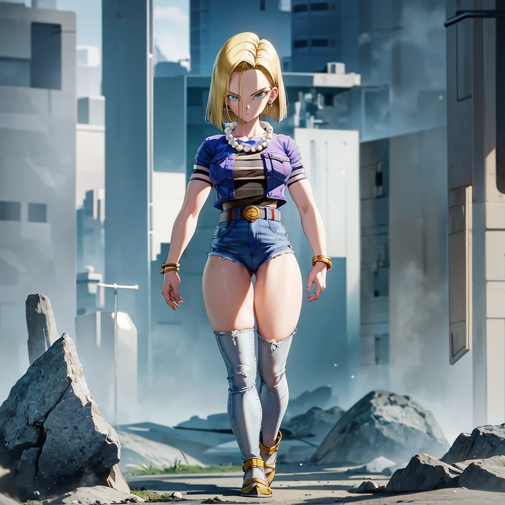 best quality, high definition, and18, 1girl, Android 18, solo, blonde hair, blue eyes, belt, jeans, pearl_necklace, bracelet, short hair, short sleeves, earrings, big breasts, wide hips, ass, legs apart, city, (naked), erotica, standing, expressionless,