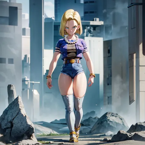 best quality, high definition, and18, 1girl, Android 18, solo, blonde hair, blue eyes, belt, jeans, pearl_necklace, bracelet, sh...