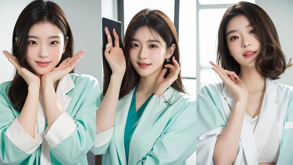 masterpiece, best quality, medium shot, 3girls, modern hospital, happy, Beautiful Japanese female doctor wearing white labcoat over teal scrubs, beautiful detailed face, pale skin, realistic skin, detailed cloth texture, detailed hair texture, accurate, Anatomically correct, Highly detailed face and skin texture , looking at viewer