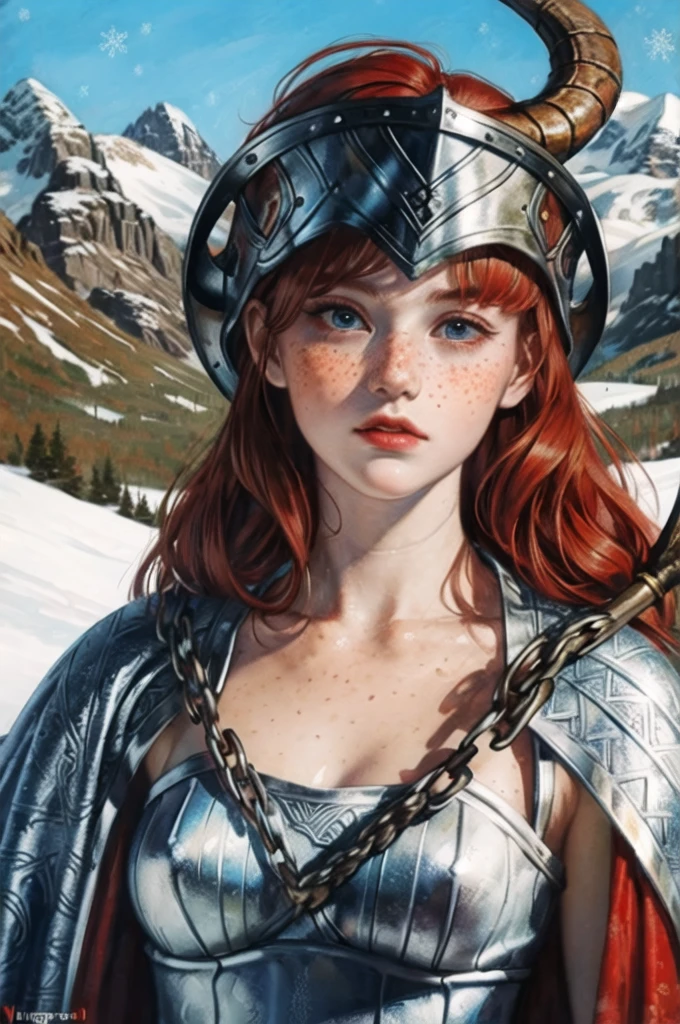 one person, one woman, a drawing, a painting, illustration, EdgarDegras, detailed woman portrait with black hair, 18 year old woman, sadie sink, red hair, freckles, pubic hair, perfect nipples, perfect vulva, glistening skin, blushing, shy, embarrassed, lewd, viking woman, red sonja, snowy setting, mountain setting, natural setting, viking woman, chain mail, fur, horned viking helmet, valkyrie, bare breasts, holding a battleaxe, viking battleaxe, norse, shieldmaiden