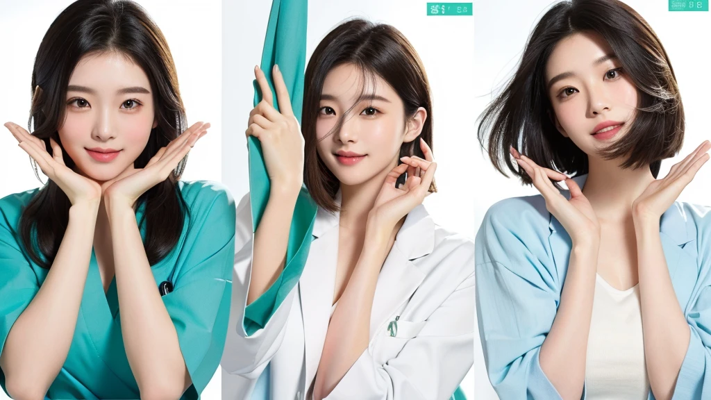 masterpiece, best quality, medium shot, 3girls, modern hospital, happy, Beautiful Japanese female doctor wearing white labcoat over teal scrubs, beautiful detailed face, pale skin, realistic skin, detailed cloth texture, detailed hair texture, accurate, Anatomically correct, Highly detailed face and skin texture , looking at viewer