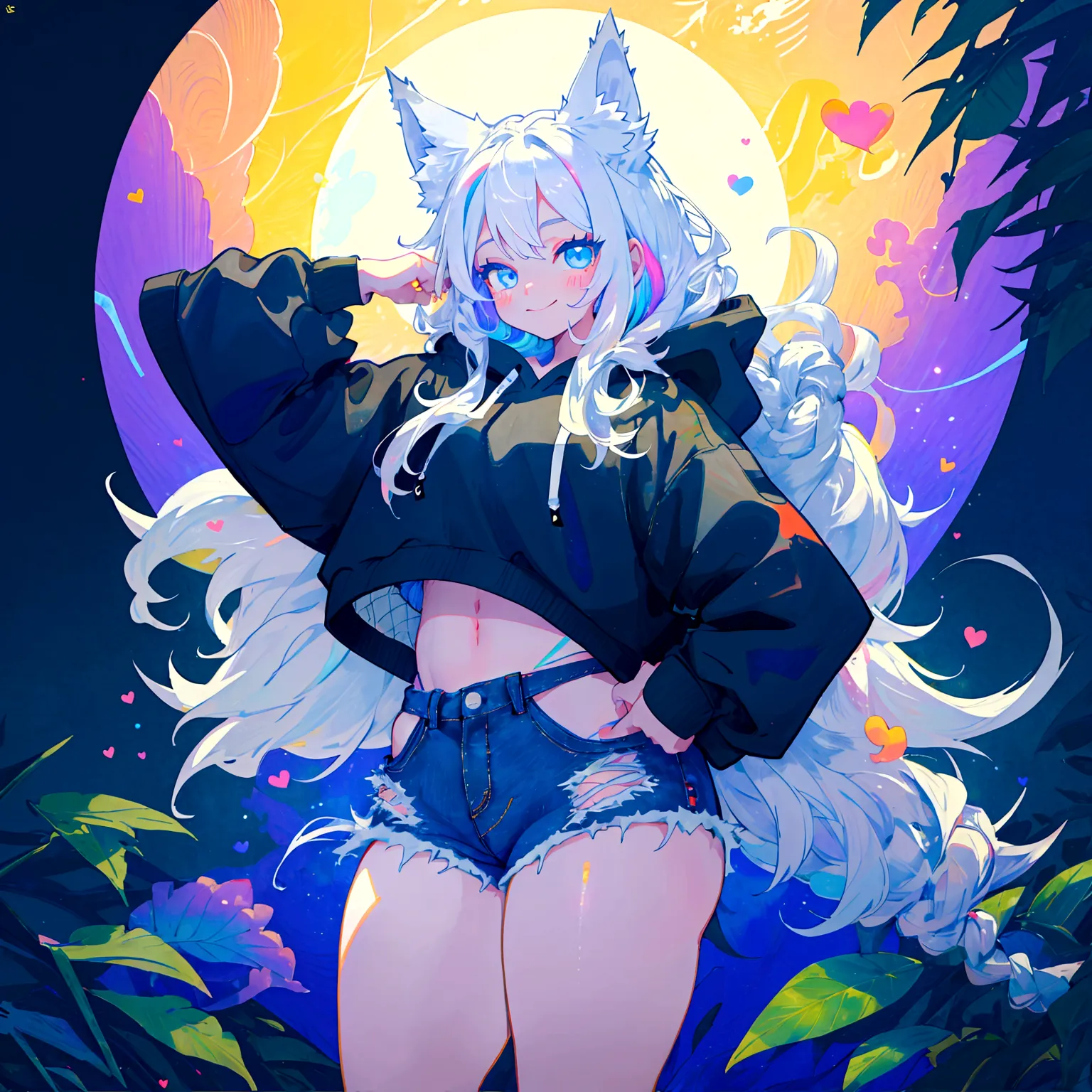 a cute adult male with wolf ears, long white hair, long locks, has a wolf tail, wearing a loose cropped black hoodie, wearing a ...