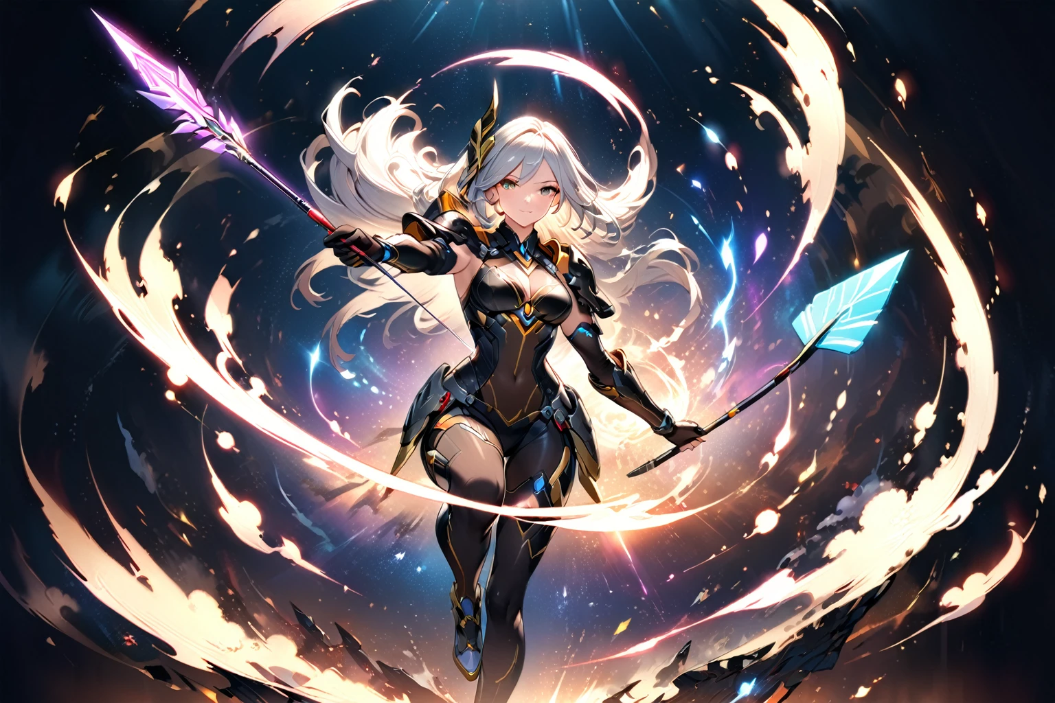 (anime character holding a sci-fi bow and pulling an arrow floating in the sky), ashe, cushart krenz key art feminine, 2.5d cgi anime fantasy artwork, extremely detailed artgerm, ashe from overwatch, detailed digital 2d fantasy art, artgerm detailed, portrait archers of zodiac girl, 8k high quality detailed art, 4k detailed digital art, ((full body)), floating in the air, the legs are seen wearing full black armor, dark background with neon lights, {draw the bow, magic arrow}