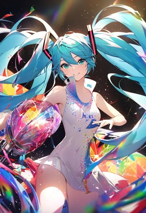 Hatsune Miku,Capturing the Essence of Wind with Liquid Ink，Turned into a whirlwind of pointillism, Traverse the spectrum of mult...